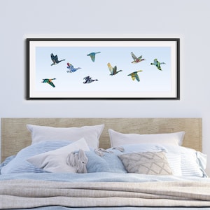 Colorful Art Nouveau Flying Birds for Your Space! Long narrow wall art for bedroom, Living Room, flying bird art