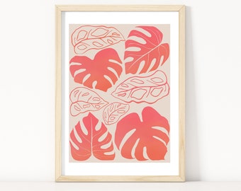 Coral Pink Botanical Print: Tropical Leaf Wall Art (Digital Download)