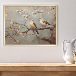 Vintage bird wall art print - farmhouse wall art - two birds in a blooming cherry tree - printable wall art, rustic home decor