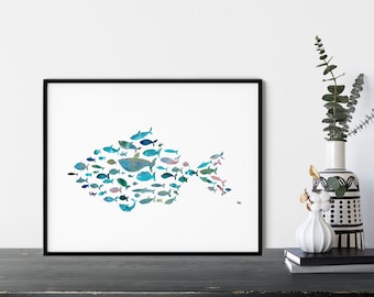 Bathroom wall art, watercolor fish, printable wall art, printable bathroom decor, fish painting coastal wall art