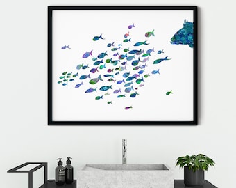 Watercolor fish printable wall art, bathroom wall art decor, colorful fish swimming