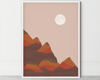 Terracotta Mountain Print: Boho Moon Art, Neutral Decor (Digital Download)