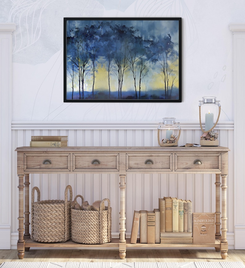 Navy Blue Abstract Forest Print Natureinspired Wall Art Decor Scenic