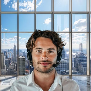 May include: A man wearing a headset with a microphone, in front of a large window overlooking a cityscape with skyscrapers. The man is wearing a white collared shirt. The sky is blue with fluffy white clouds.