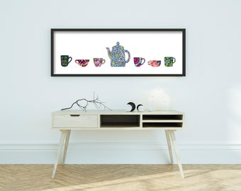 Art Nouveau Tea & Coffee Cup Print: Long Horizontal Kitchen Art (Digital Download)