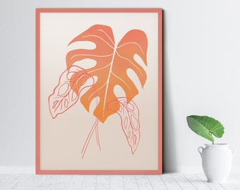 Coral Pink Monstera Print: Tropical Botanical Wall Art (Digital Download)