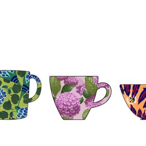 May include: Three ceramic mugs with floral patterns. The first mug is green with blue and white accents. The second mug is pink with purple flowers. The third mug is orange with blue and red accents.
