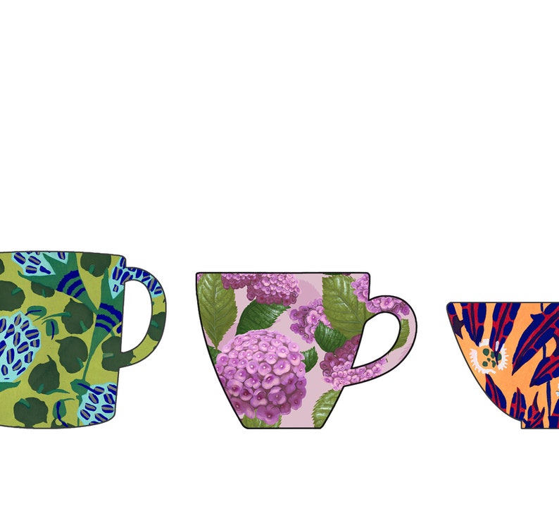 May include: Three ceramic mugs with floral patterns. The first mug is green with blue and white accents. The second mug is pink with purple flowers. The third mug is orange with blue and red accents.