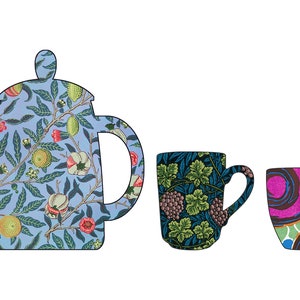 May include: A blue teapot with a floral pattern, a green and black mug with a floral pattern, and a purple, green and black mug with a swirling pattern.