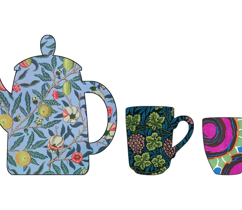 May include: A blue teapot with a floral pattern, a green and black mug with a floral pattern, and a purple, green and black mug with a swirling pattern.