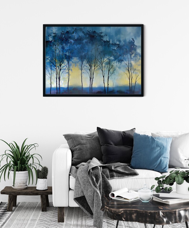 Navy Blue Abstract Forest Print Natureinspired Wall Art Decor Scenic