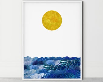 Colorful bathroom prints, coastal decor, sun and sea, printable sun art, nursery decor, bright wall art, printable wall art, sun art print