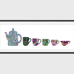 May include: A framed print featuring a blue teapot and six colourful mugs, all with floral and geometric patterns. The teapot and mugs are arranged in a line, with the teapot on the left and the mugs on the right.