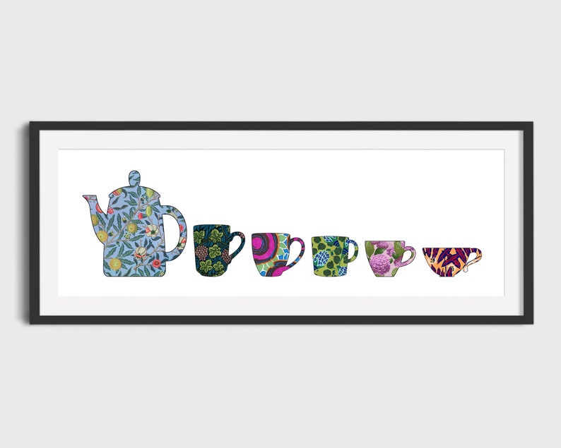 May include: A framed print featuring a blue teapot and six colourful mugs, all with floral and geometric patterns. The teapot and mugs are arranged in a line, with the teapot on the left and the mugs on the right.