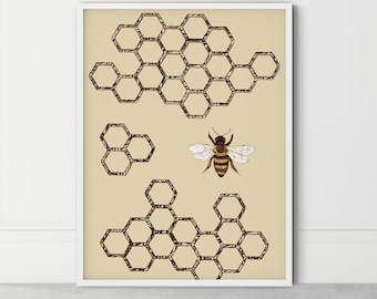 May include: A beige background with a brown bee and a honeycomb pattern. The honeycomb pattern is repeated throughout the image.