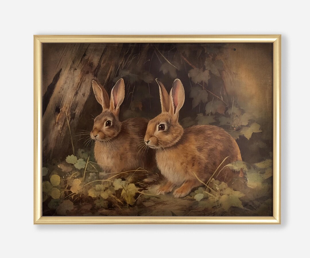 Vintage Rabbit Print - Farmhouse Wall Art Featuring Two Curious Rabbits ...