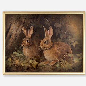 Vintage rabbit print - farmhouse wall art featuring two curious rabbits - printable wall art, rustic home decor, nature wall art
