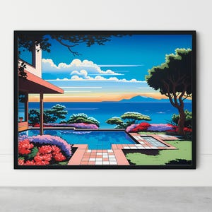 Vibrant Retro & Tropical Wall Art Download - Mid century Pop Art Prints - Tropical Printable Wall Art - Serene Pool and Garden
