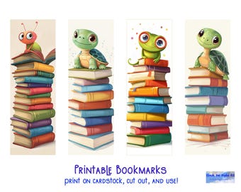Op de afbeelding: Printbare bladwijzers met kleurrijke illustraties van een insect, een schildpad, een kikker en een schildpad op een stapel boeken. De tekst "PRINTBARE BLADWIJZERS" en "DRUK OP KARTEN, Knip uit en GEBRUIK!" staat onderaan de afbeelding.