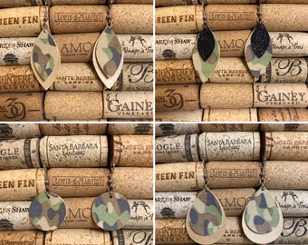 Camo earrings, Faux leather earrings, Vegan leather earrings, Camouflage, Multiple shapes, Teardrop, Leaf, Circle, Multiple layers