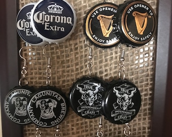 Pendientes de tapa de botella de cerveza, pendientes de tapa de botella, tapas de botella de Guinness, tapas de botella de piedra, tapas de botella de Lagunitas, tapas de botella de Corona