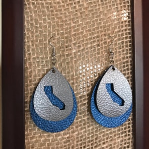 Faux leather earrings, Vegan leather earrings, Teardrop earrings, Blue and silver earrings, California earrings, Layered earrings image 4