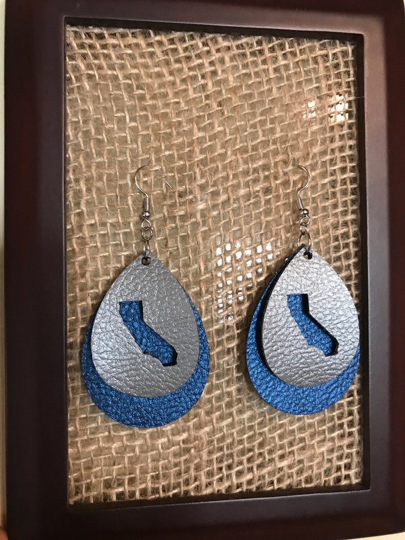Faux leather earrings, Vegan leather earrings, Teardrop earrings, Blue and silver earrings, California earrings, Layered earrings image 4