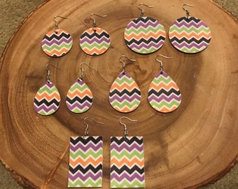 Faux leather earrings, Vegan leather earrings, Halloween earrings, Multicolored zig zag earrings, Halloween funfetti earrings