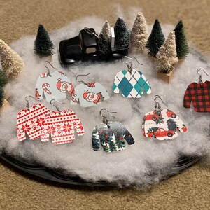 Christmas earrings, Faux leather, Vegan earrings, Ugly Christmas sweaters, Plaid, Christmas tacos, Argyle