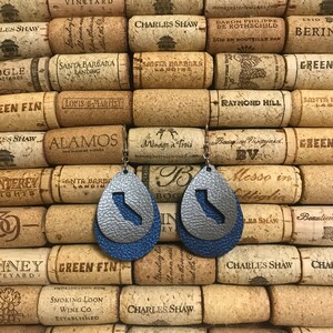 Faux leather earrings, Vegan leather earrings, Teardrop earrings, Blue and silver earrings, California earrings, Layered earrings image 3