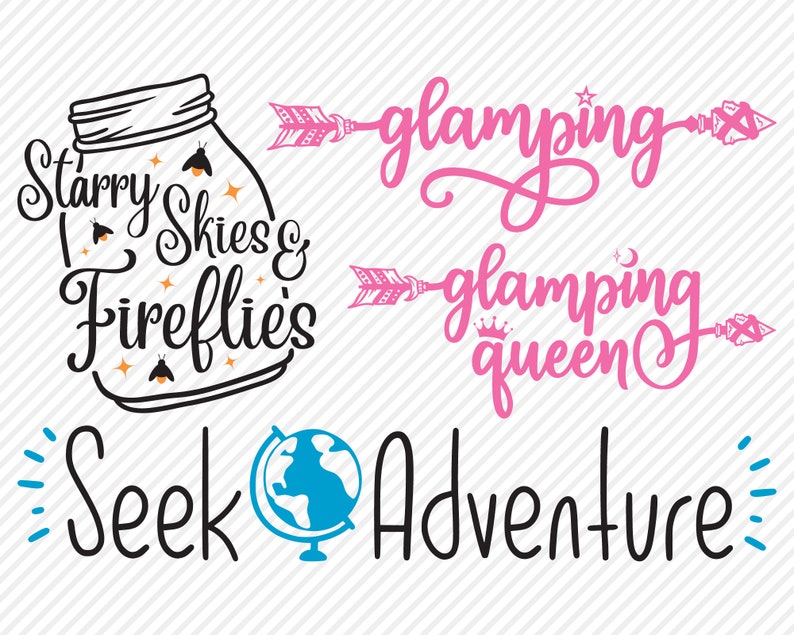 Puede incluir: Un dise&ntilde;o digital con cuatro frases: "Starry Skies & Fireflies", "Glamping", "Glamping Queen" y "Seek Adventure". El dise&ntilde;o incluye un frasco con luci&eacute;rnagas, flechas y un globo terr&aacute;queo.