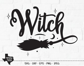 Bruja SVG, Archivo de corte, Diseño de camisa de Halloween, Wicked Witches Broomstick, Fun Spooky Sign Art, Luna, Estrellas, Cricut, Silueta, DXF, PNG