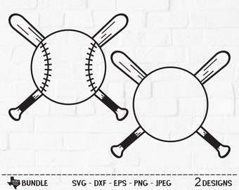 Crossed Bats & Ball Bundle SVG, Cut File, Sports Shirt Design, Baseball, Softball, Frame, Outline, Girls, Boys, Cricut, Silhouette, DXF, PNG