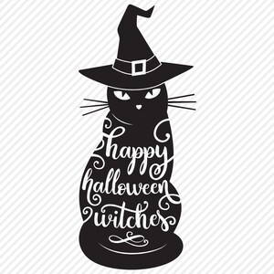 K&ouml;nnte beinhalten: Schwarze Silhouette einer Katze, die einen Hexenhut tr&auml;gt, mit dem Text "Happy Halloween Witches" im K&ouml;rper der Katze.
