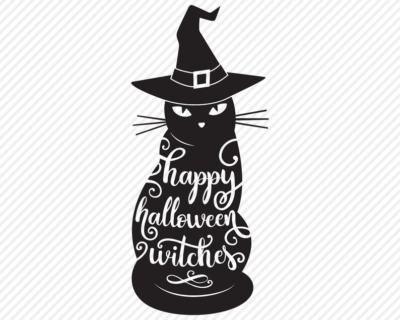K&ouml;nnte beinhalten: Schwarze Silhouette einer Katze, die einen Hexenhut tr&auml;gt, mit dem Text "Happy Halloween Witches" im K&ouml;rper der Katze.