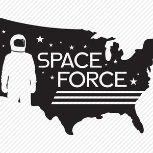 May include: A black and white silhouette of the United States with a white astronaut in a space suit standing in the middle of the country. The text "SPACE FORCE" is written in white letters below the astronaut.