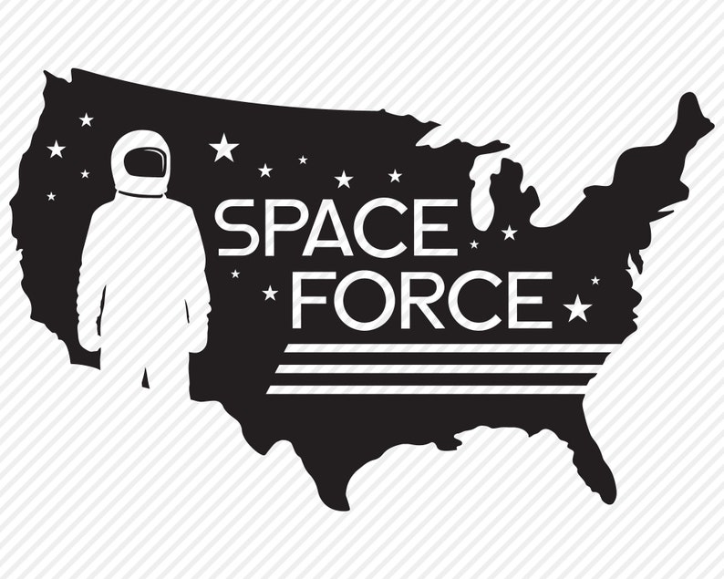 May include: A black and white silhouette of the United States with a white astronaut in a space suit standing in the middle of the country. The text "SPACE FORCE" is written in white letters below the astronaut.