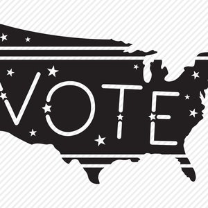 May include: Black and white silhouette of the United States with the word "VOTE" in white text inside. The silhouette has white stars and stripes.