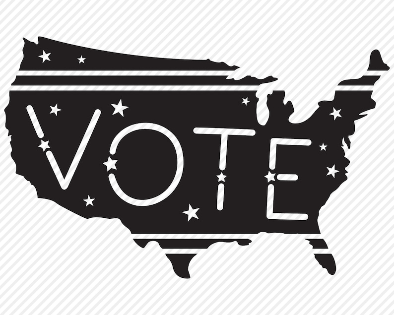 May include: Black and white silhouette of the United States with the word "VOTE" in white text inside. The silhouette has white stars and stripes.