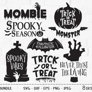 Op de afbeelding: Een set van acht zwart-witte Halloween-thema SVG-snijbestanden. De ontwerpen omvatten een spookachtige grafsteen, een pompoen met de tekst "Trick or Treat", een zombiehand en een vleermuis met de tekst "Fangtastic Halloween".
