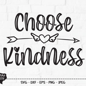 Puede incluir: Diseño gráfico en blanco y negro con una flecha apuntando hacia la derecha, un corazón con alas y el texto "Choose Kindness".