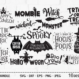 May include: A set of 16 Halloween-themed SVG cut files featuring spooky and fun phrases like "Mombie Witch", "Trick or Treat", "Spooky", "Hocus Pocus", "Witch Please", and "Halloween Crew".