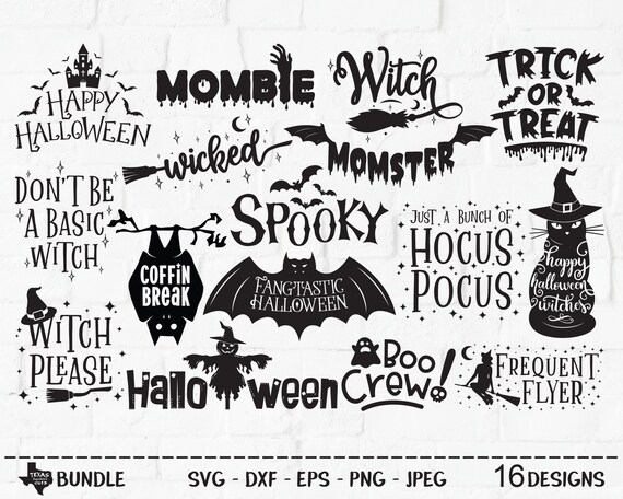 Halloween Bundle SVG, Cut Files, Halloween Shirt Design, Witch Hat, Witches Broomstick, Skull, Black Cat, Bat, Cricut, Silhouette, DXF, PNG