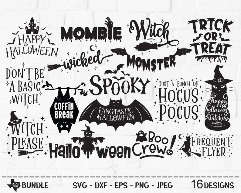 May include: A set of 16 Halloween-themed SVG cut files featuring spooky and fun phrases like "Mombie Witch", "Trick or Treat", "Spooky", "Hocus Pocus", "Witch Please", and "Halloween Crew".