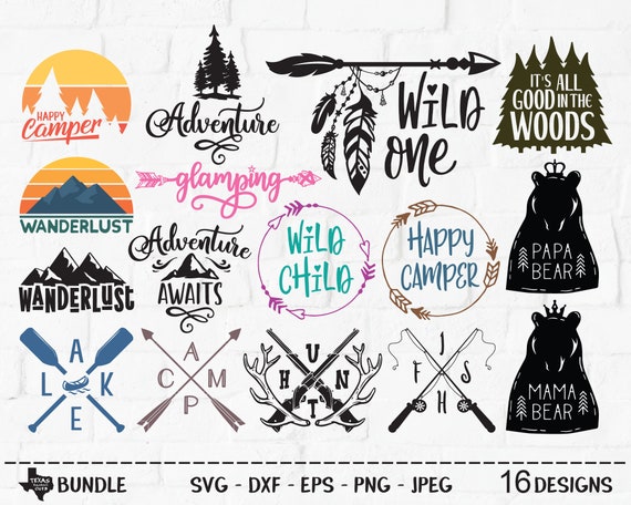 Outdoors Bundle SVG, Cut File, Outdoor Shirt Design, Adventure, Happy Camper, Tribal Arrow, Wanderlust, Fish, Cricut, Silhouette, DXF, PNG