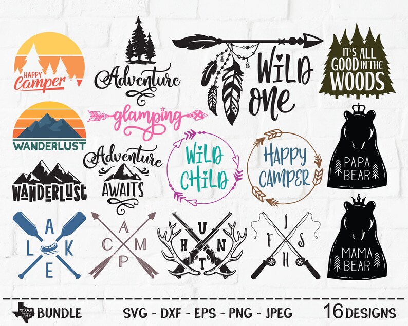 May include: A set of 16 camping and outdoor themed SVG cut files. The designs include phrases like "Happy Camper", "Adventure Awaits", "Wild Child", and "Wanderlust". There are also designs featuring a bear, a campfire, a canoe, and a hunting rifle.