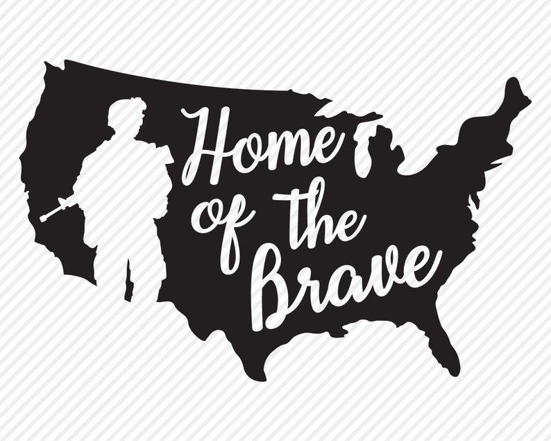 May include: Black and white silhouette of a soldier standing in front of an outline of the United States. The text "Home of the Brave" is written in a stylised font.