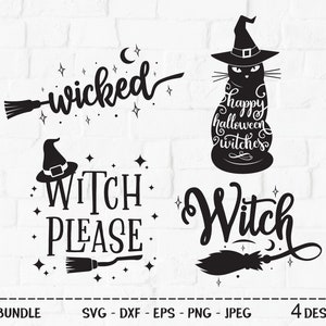 K&ouml;nnte beinhalten: Vier schwarz-wei&szlig;e Halloween-Designs mit einem Hexenhut, einem Besen und dem Text "wicked", "Witch Please", "Happy Halloween Witches" und "Witch".