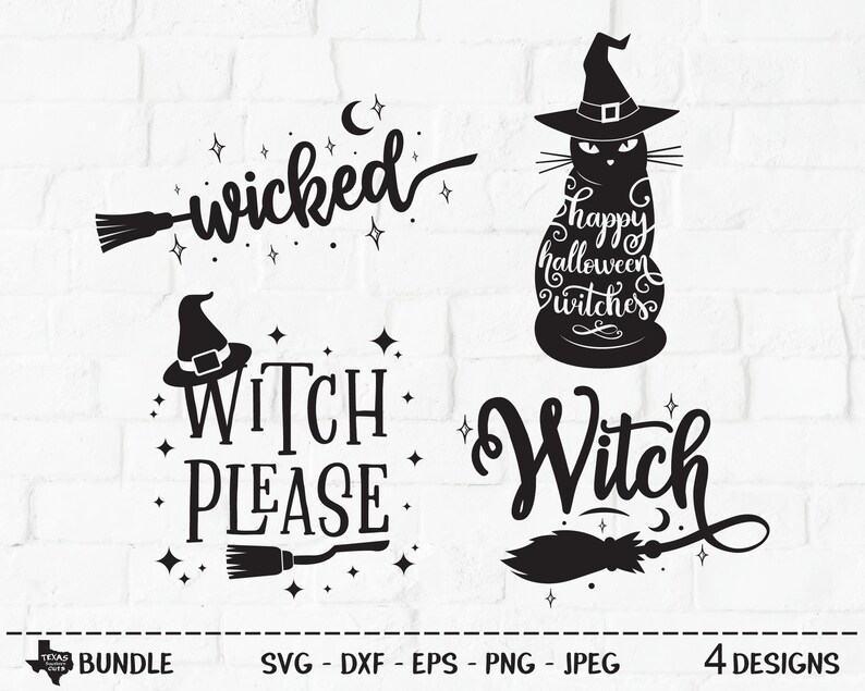 K&ouml;nnte beinhalten: Vier schwarz-wei&szlig;e Halloween-Designs mit einem Hexenhut, einem Besen und dem Text "wicked", "Witch Please", "Happy Halloween Witches" und "Witch".