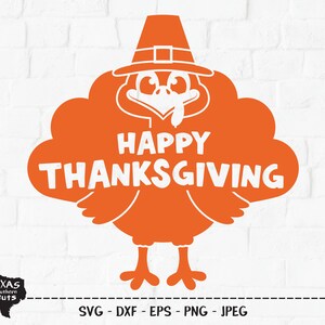 May include: Orange Thanksgiving turkey silhouette with a pilgrim hat and the text "Happy Thanksgiving".